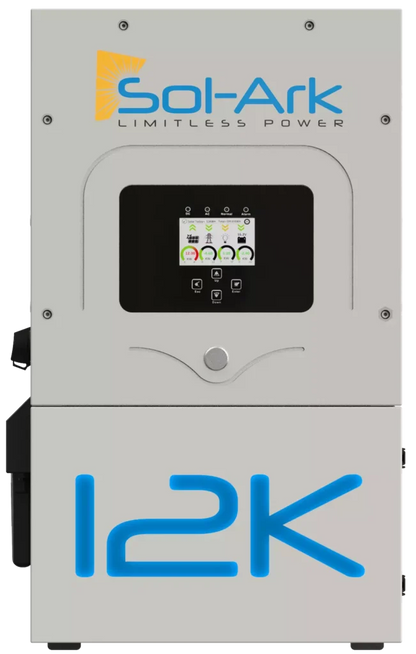 Front view of the gray Sol-Ark hybrid inverter featuring a digital display with system info. Sol-Ark Limitless Power branding and 12K are visible on the solar energy unit.