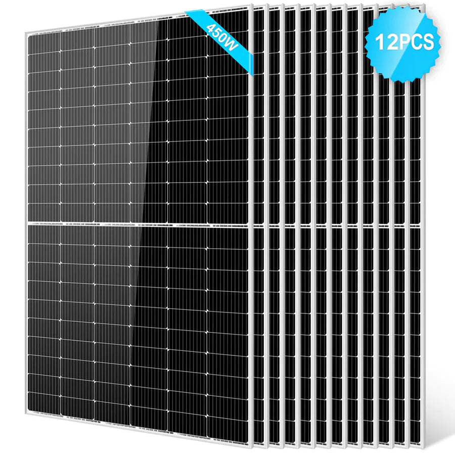 Twelve Sungold Power black 450W Monocrystalline PERC Solar Panels with a grid pattern are arranged in a row. A blue 450W label and an Off-Grid System note appear, with a 12PCS badge in the top right corner.
