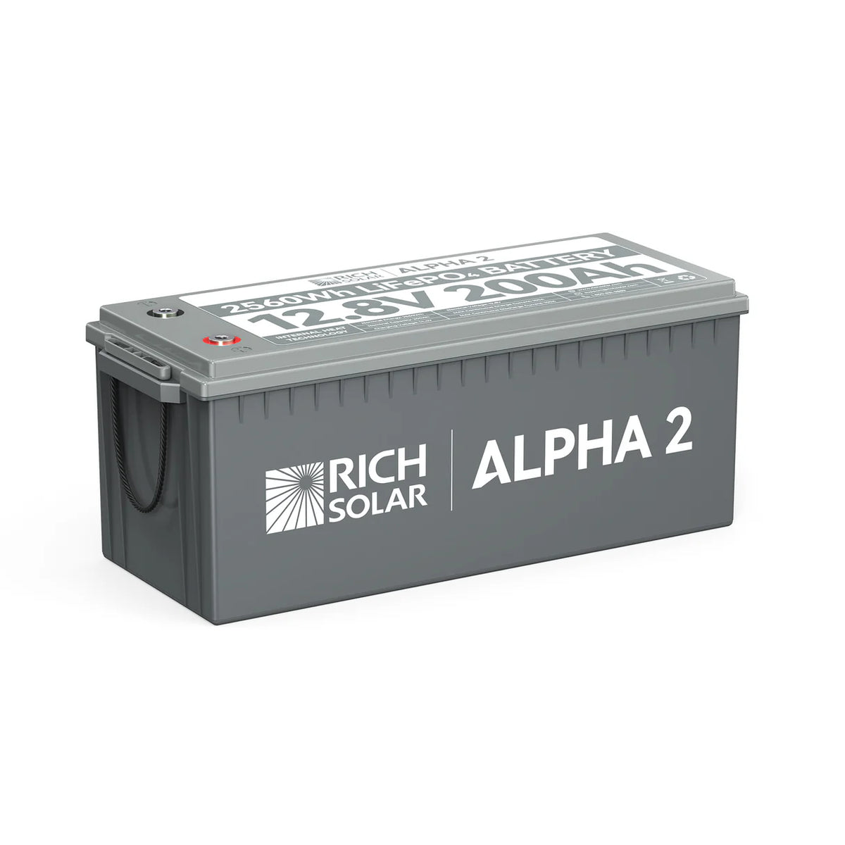 A gray rectangular Rich Solar LiFePO4 battery, labeled ALPHA 2, has a capacity of 12.8V 200Ah (2560Wh) and features a black carrying handle on the side.