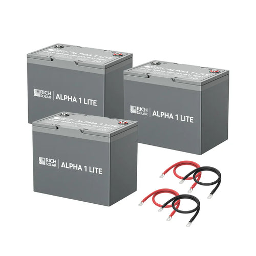 Three gray rectangular 12.8V LiFePO4 Rich Solar Alpha 1 Lite batteries, each offering a reliable 100Ah, are shown with two red and two black metal loop-ended cables.