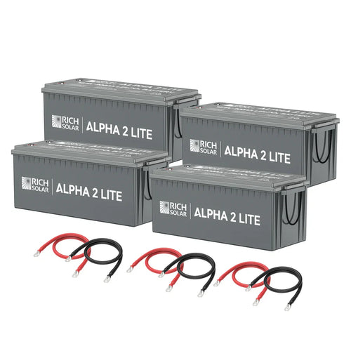 Four gray Rich Solar ALPHA 2 LITE LiFePO4 Batteries (200Ah, 2560Wh each) are side by side with four pairs of red and black connecting cables in front, all displayed on a white background.