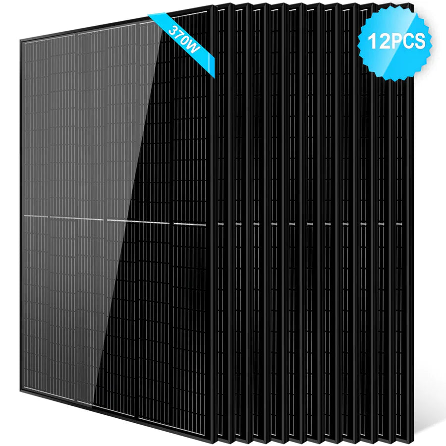 A set of 12 Sungold Power high-efficiency PERC monocrystalline panels is stacked together. A blue label on the top left shows “370W,” while a blue badge on the top right displays “12 PCS.”.