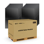 A cardboard box labeled 400W Solar Module sits on a wooden pallet before a stack of 12 Rich Solar MEGA black panels with Mono PERC technology—ideal for off-grid applications.