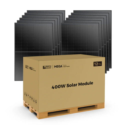 A cardboard box labeled 400W Solar Module sits on a wooden pallet before a stack of 12 Rich Solar MEGA black panels with Mono PERC technology—ideal for off-grid applications.