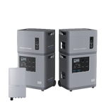 Two large, gray Mango Power portable power stations with advanced LFP battery cells, multiple ports, and control panels are stacked in pairs. A smaller Mango Power wall-mounted unit is positioned to the left of the stations.