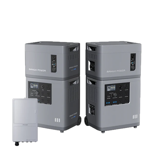 Two large, gray Mango Power portable power stations with advanced LFP battery cells, multiple ports, and control panels are stacked in pairs. A smaller Mango Power wall-mounted unit is positioned to the left of the stations.