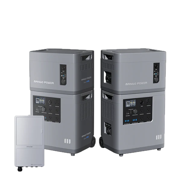 Two large, gray Mango Power portable power stations with advanced LFP battery cells, multiple ports, and control panels are stacked in pairs. A smaller Mango Power wall-mounted unit is positioned to the left of the stations.