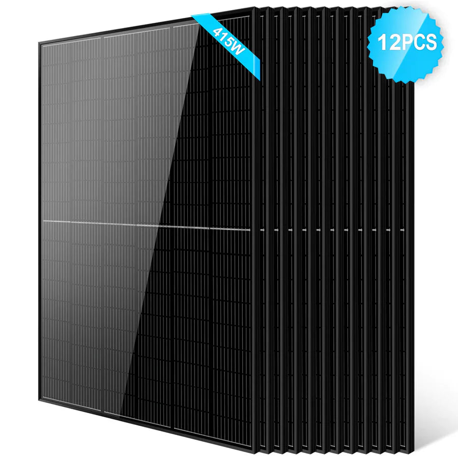 A set of twelve Sungold Power black monocrystalline PERC 415W solar panels, stacked vertically with a blue 12PCS badge in the top right corner—ideal for your off-grid system.