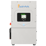 Front view of the Sol-Ark 12K Hybrid Inverter displays green indicator lights and labeled buttons. The sleek silver device with EMP protection features the Sol-Ark logo at the top.