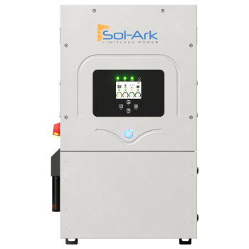 Front view of the Sol-Ark 12K Hybrid Inverter displays green indicator lights and labeled buttons. The sleek silver device with EMP protection features the Sol-Ark logo at the top.