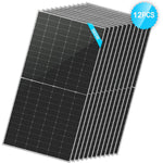 A stack of 12 black Sungold Power solar panels, each labeled 195W, features a blue badge marked 12PCS in the top right corner. These panels use advanced PERC technology for enhanced energy efficiency.