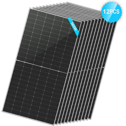 A stack of 12 black Sungold Power solar panels, each labeled 195W, features a blue badge marked 12PCS in the top right corner. These panels use advanced PERC technology for enhanced energy efficiency.
