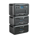 Three stacked Bluetti power stations—AC300 with digital display on top, two B300 batteries below—all black with blue accents, featuring a 3000W Pure Sine Wave Inverter for reliable portable power.