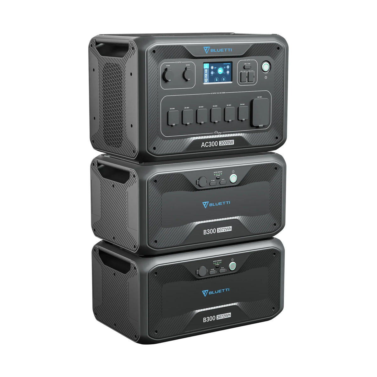 Three stacked Bluetti power stations—AC300 with digital display on top, two B300 batteries below—all black with blue accents, featuring a 3000W Pure Sine Wave Inverter for reliable portable power.