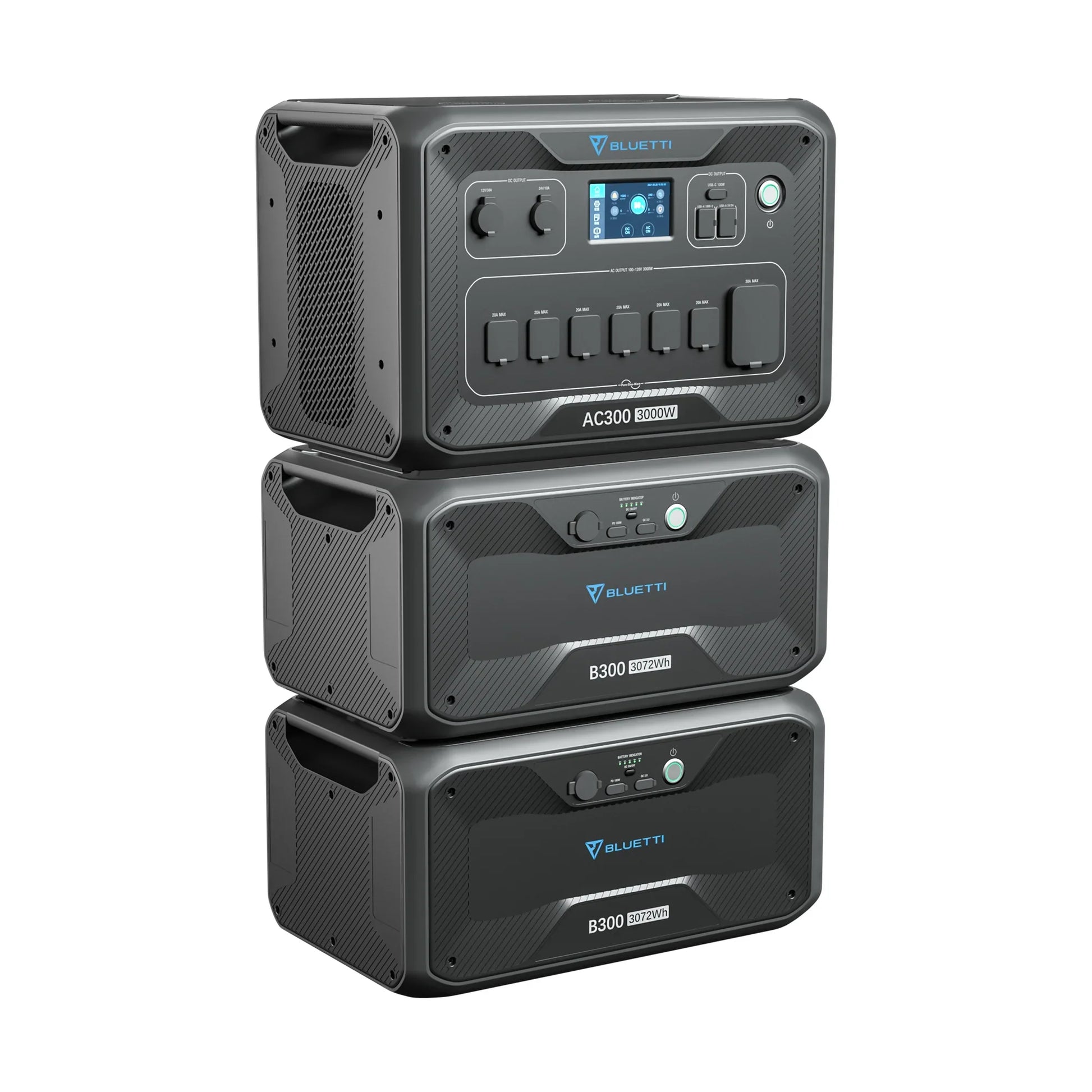 Three stacked Bluetti power stations—AC300 with digital display on top, two B300 batteries below—all black with blue accents, featuring a 3000W Pure Sine Wave Inverter for reliable portable power.