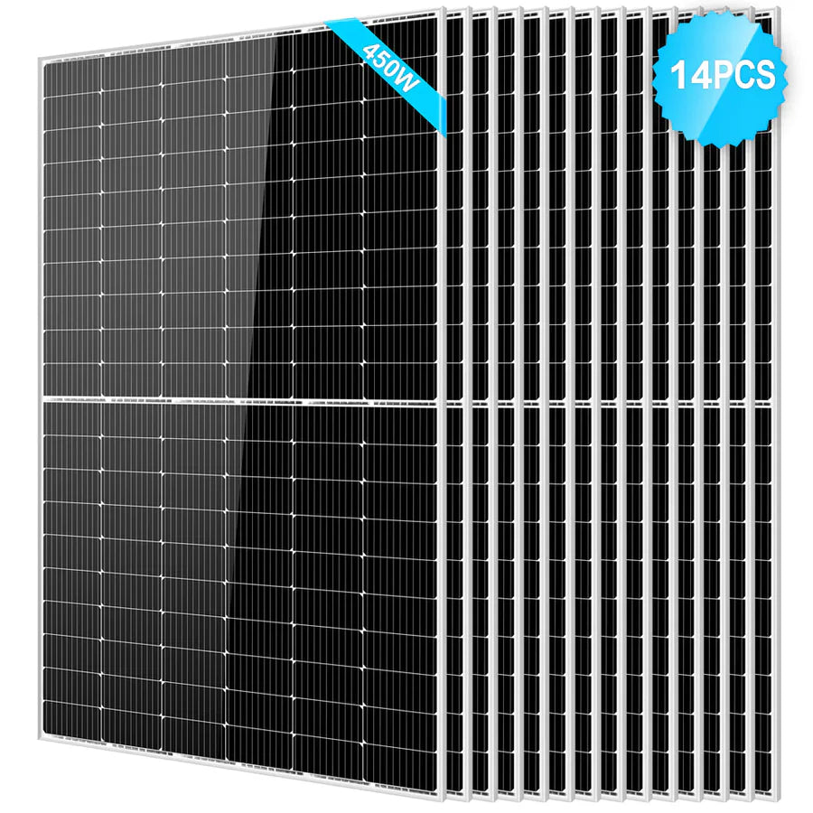 Fourteen Sungold Power 450W Monocrystalline PERC Solar Panels with silver frames and efficient silicon cells are arranged in a row. A blue label shows 450W and a 14PCS badge, making them ideal for off-grid systems.