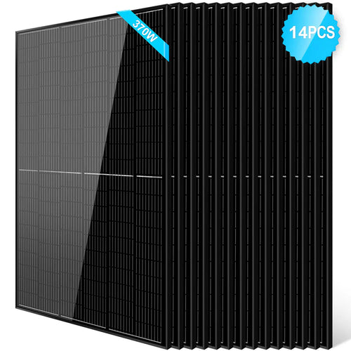 Fourteen Sungold Power PERC monocrystalline panels are arranged in a row. The front panel features a blue label marked 370W, and a circular badge in the top right corner displays 14PCS in white text.
