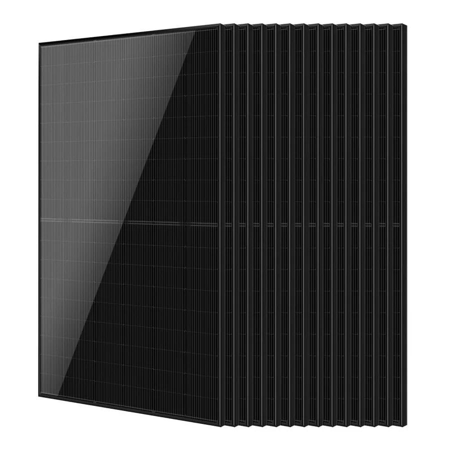 A stack of black solar panels arranged side by side, shown at an angle on a white background. The panels have a sleek, modern design with a reflective glass surface, enhanced by subtle box shadow effects that give depth and dimension to their appearance.