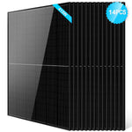 Fourteen Sungold Power black monocrystalline PERC solar panels stand upright in a row. A blue label at the top right says 14PCS; another at the top left reads 415W, making them ideal for off-grid systems.