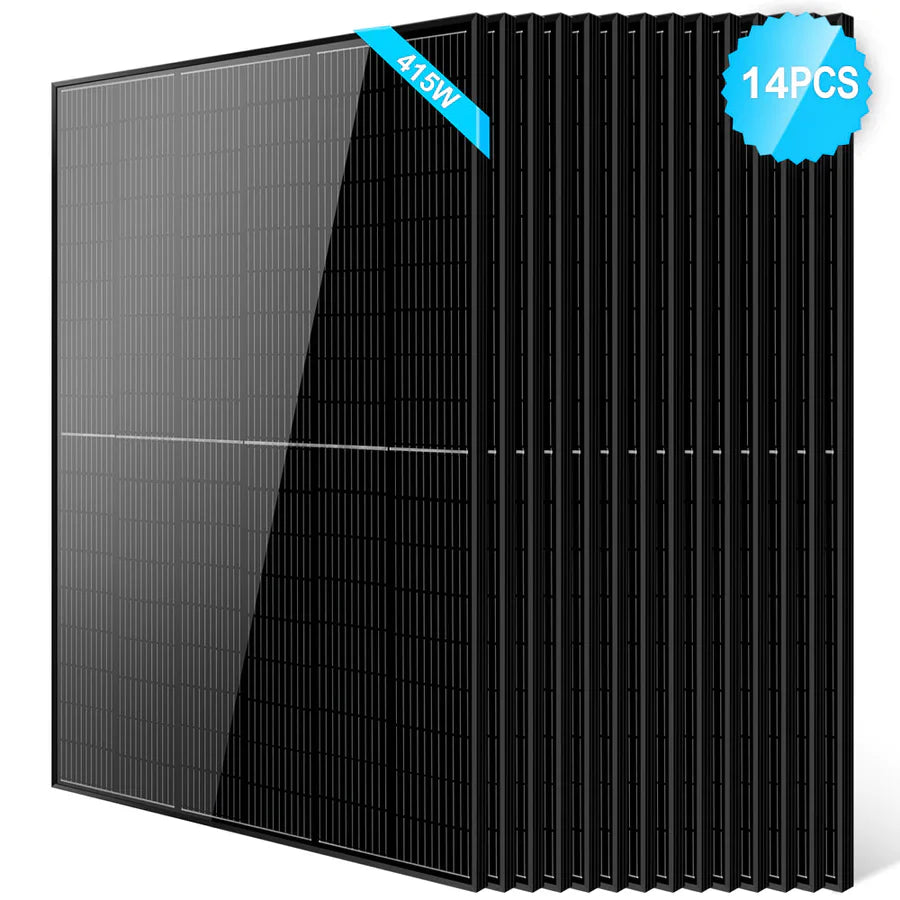 Fourteen Sungold Power black monocrystalline PERC solar panels stand upright in a row. A blue label at the top right says 14PCS; another at the top left reads 415W, making them ideal for off-grid systems.