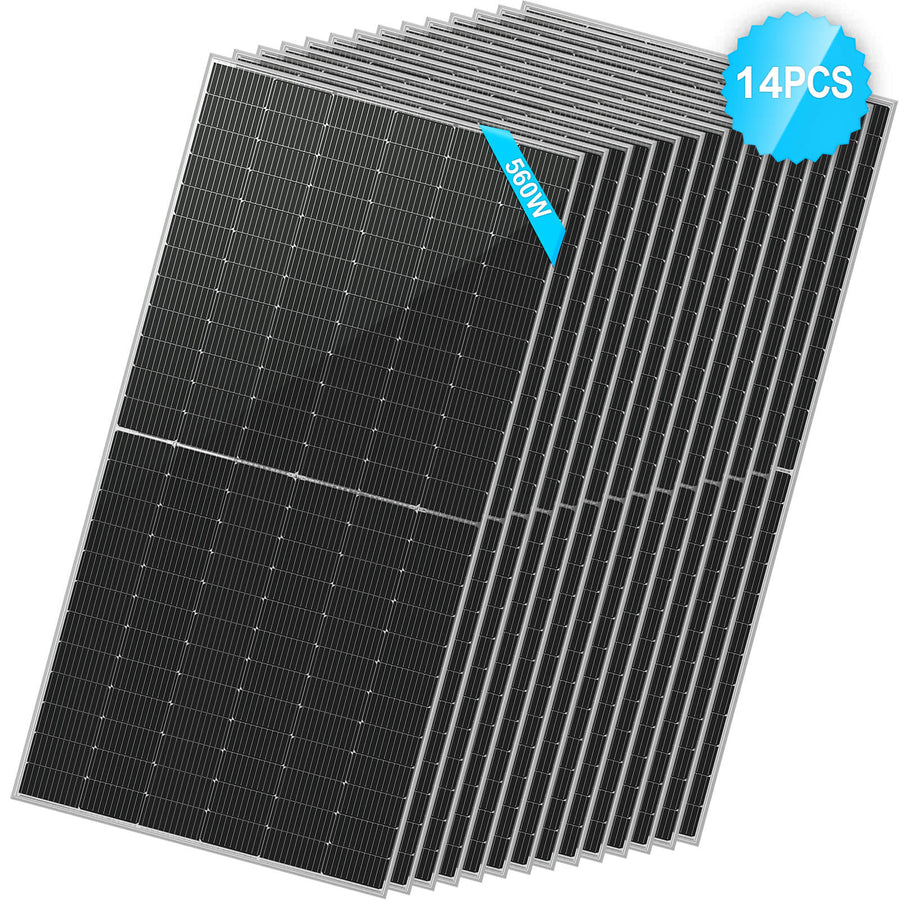 A stack of fourteen large, rectangular black Sungold Power solar panels with a blue label showing 550W and a 14 PCS badge, featuring advanced PERC technology for enhanced energy efficiency.