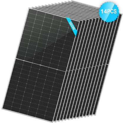 A stack of fourteen large, rectangular black Sungold Power solar panels with a blue label showing 550W and a 14 PCS badge, featuring advanced PERC technology for enhanced energy efficiency.