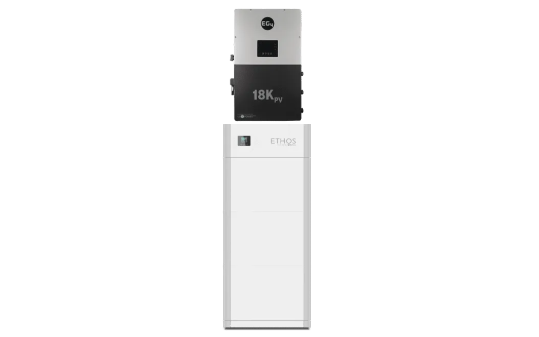 A white and gray rectangular BigBattery ETHOS machine with a black 18 kPv label and electronic display stands against a black background—an ideal 48V system for off-grid power in tiny homes.