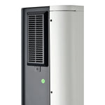 Close-up view of the side of a modern Rich Solar appliance with a black vent panel and small green sticker on its smooth, white curved surface. This unit features built-in Wi-Fi for seamless connectivity.