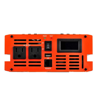 Front view of the Rich Solar orange power inverter featuring two AC outlets, a power switch, indicator lights, USB port, remote port, and ventilation grills—perfect for any off-grid solar power system or 12V DC outlet.