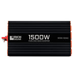 The Rich Solar power inverter features a black and orange design with white 1500W and 12VDC-110VAC text, making it perfect for an off-grid solar power system.