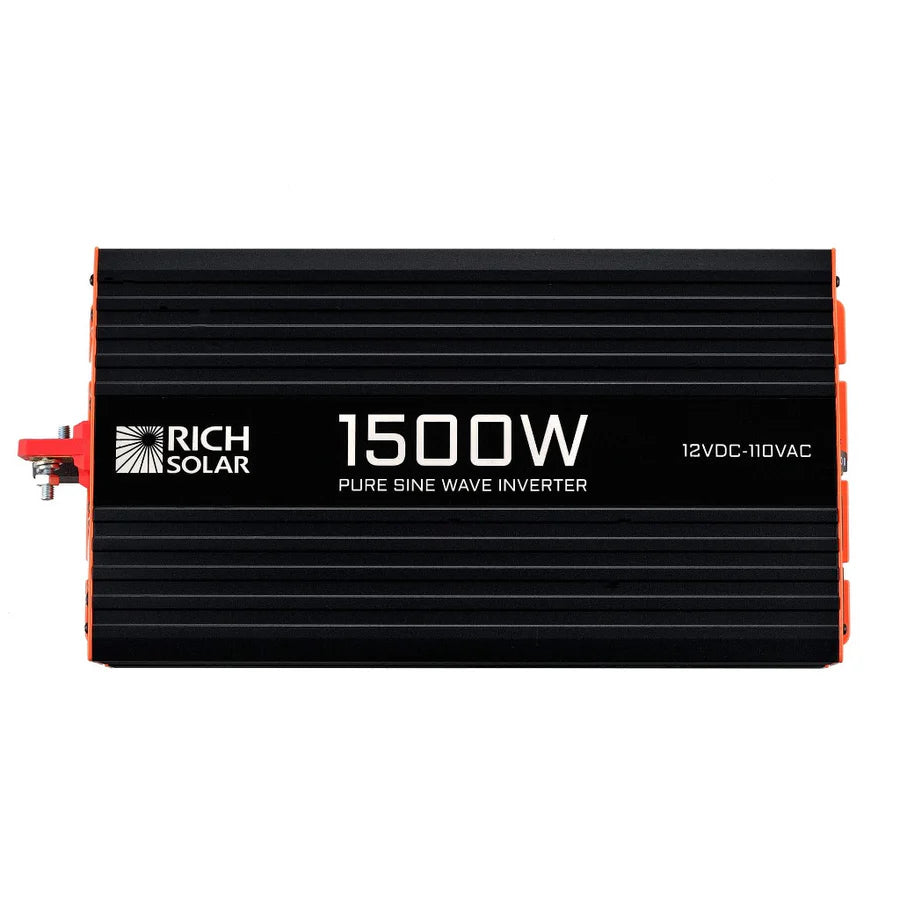 The Rich Solar power inverter features a black and orange design with white 1500W and 12VDC-110VAC text, making it perfect for an off-grid solar power system.