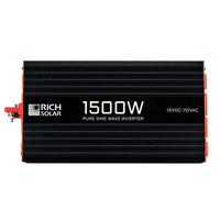 The Rich Solar power inverter features a black and orange design with white 1500W and 12VDC-110VAC text, making it perfect for an off-grid solar power system.
