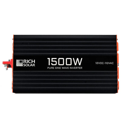 The Rich Solar power inverter features a black and orange design with white 1500W and 12VDC-110VAC text, making it perfect for an off-grid solar power system.
