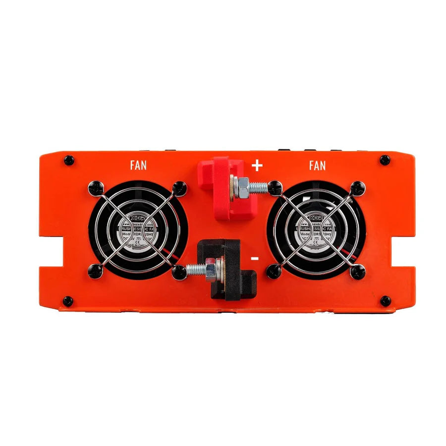 A close-up of the back panel of a Rich Solar orange power inverter showing two cooling fans with protective grilles and large red positive (+) and black negative (–) terminals in the center.