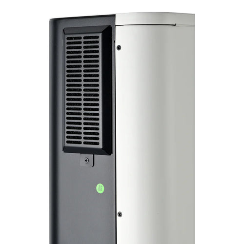 Close-up of the side of a Rich Solar air purifier or HVAC unit with a black vent panel and green sticker, featuring built-in Wi-Fi for seamless connectivity. The rest of the sleek unit is finished in white.