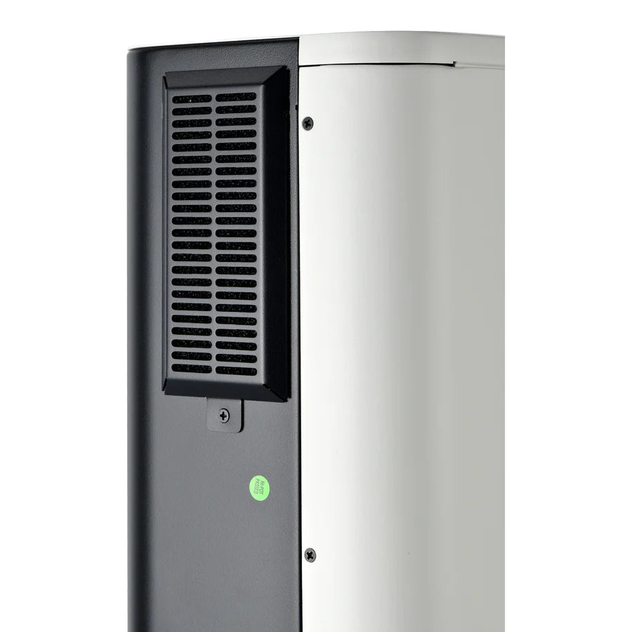 Close-up of the side of a Rich Solar air purifier or HVAC unit with a black vent panel and green sticker, featuring built-in Wi-Fi for seamless connectivity. The rest of the sleek unit is finished in white.