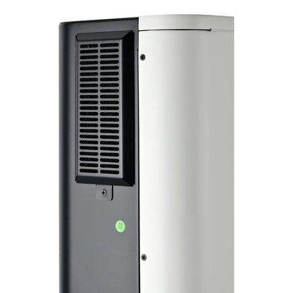 Close-up of the side of a Rich Solar air purifier or HVAC unit with a black vent panel and green sticker, featuring built-in Wi-Fi for seamless connectivity. The rest of the sleek unit is finished in white.