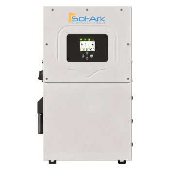 Front view of a Sol-Ark inverter featuring a digital display, indicator lights, and housed in a rectangular metallic casing labeled Sol-Ark Limitless Power.