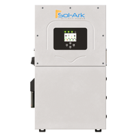 Front view of a Sol-Ark inverter featuring a digital display, indicator lights, and housed in a rectangular metallic casing labeled Sol-Ark Limitless Power.