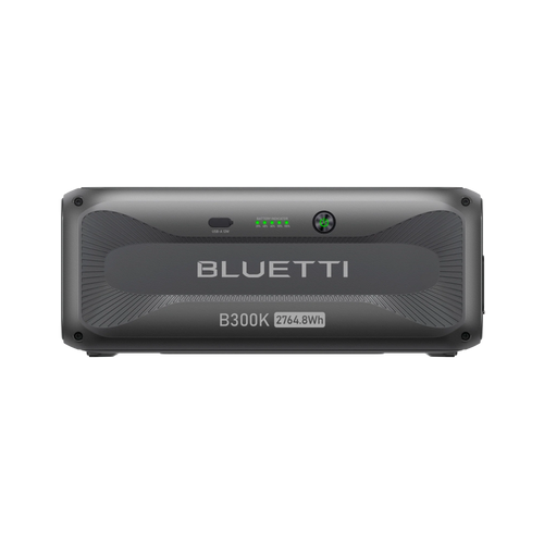 Front view of the Bluetti B300K portable power station by Bluetti, showcasing a digital display and indicator lights on its sleek dark gray casing—a modular, versatile solution for various energy needs.