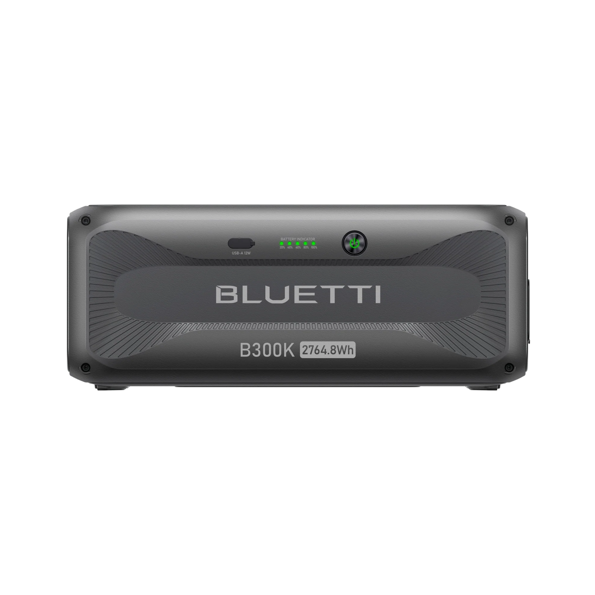 Front view of the Bluetti B300K portable power station by Bluetti, showcasing a digital display and indicator lights on its sleek dark gray casing—a modular, versatile solution for various energy needs.