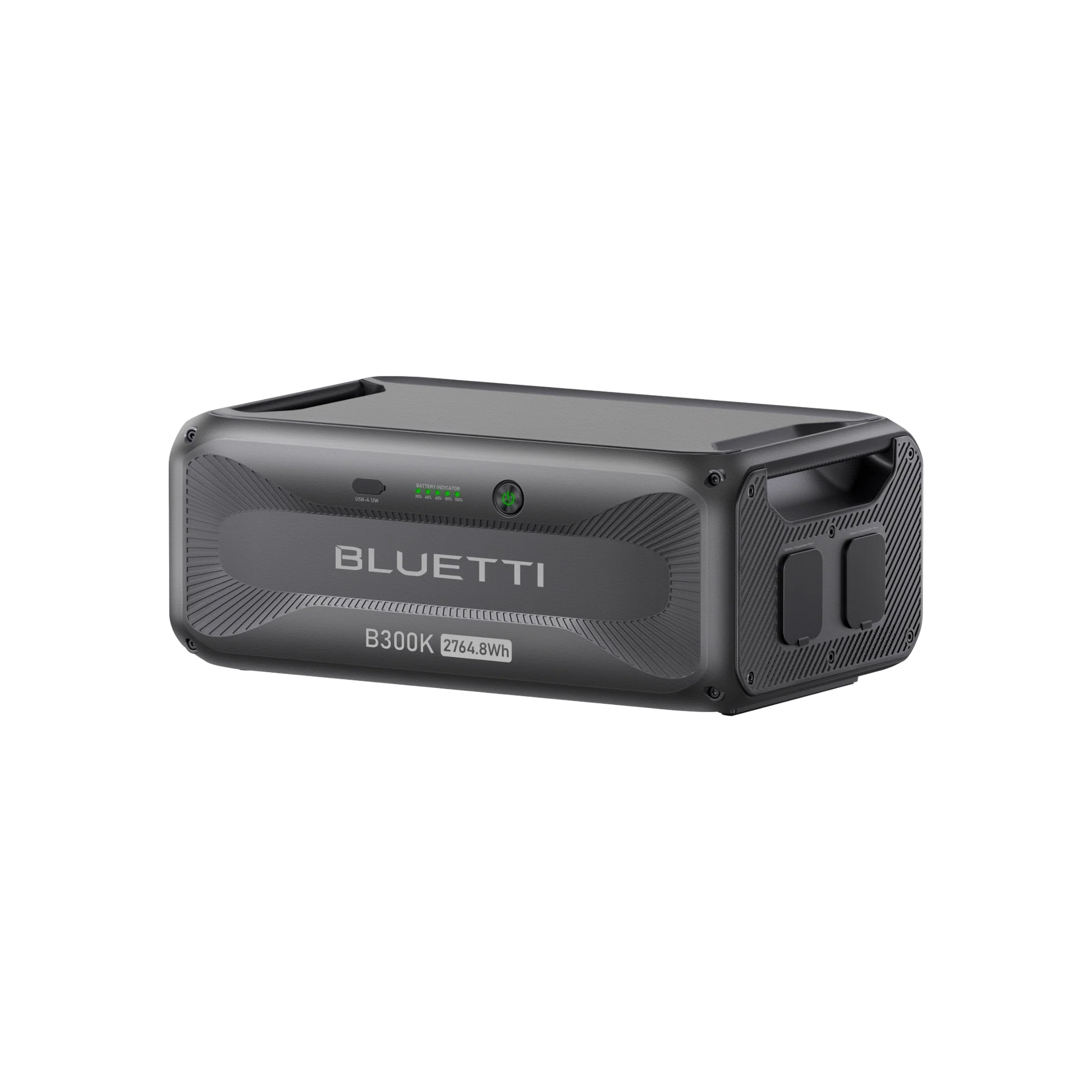 A Bluetti B300K portable power station in black with a textured surface, LED indicators, various ports, side handle, and 2764.8Wh capacity. Compatible with AC500 for expanded solar storage.