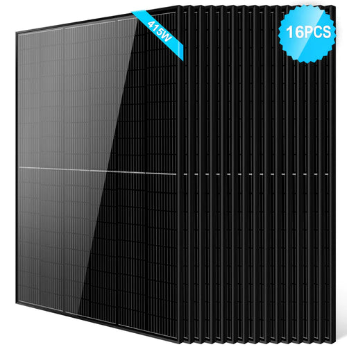 Sixteen Sungold Power black monocrystalline PERC solar panels are upright in a row. A blue label at the top right reads 16PCS, while another on the top left panel corner displays 415W—ideal for off-grid systems.