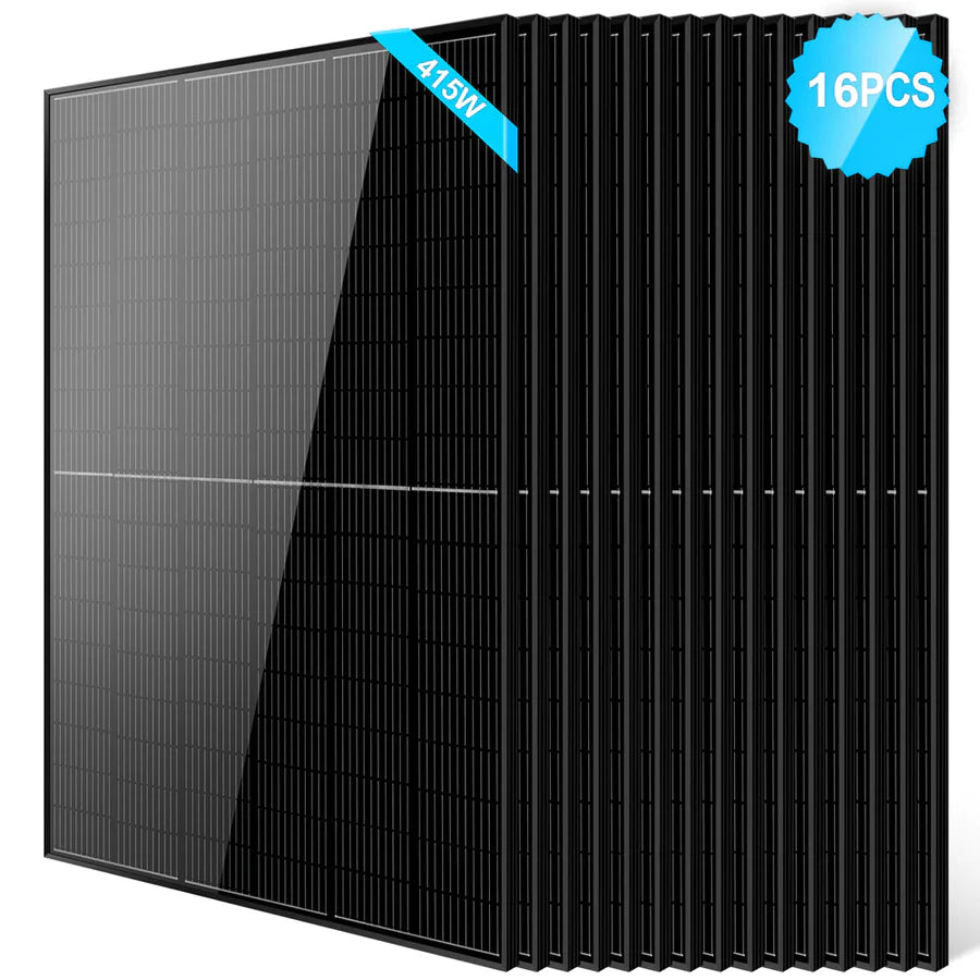Sixteen Sungold Power black monocrystalline PERC solar panels are upright in a row. A blue label at the top right reads 16PCS, while another on the top left panel corner displays 415W—ideal for off-grid systems.