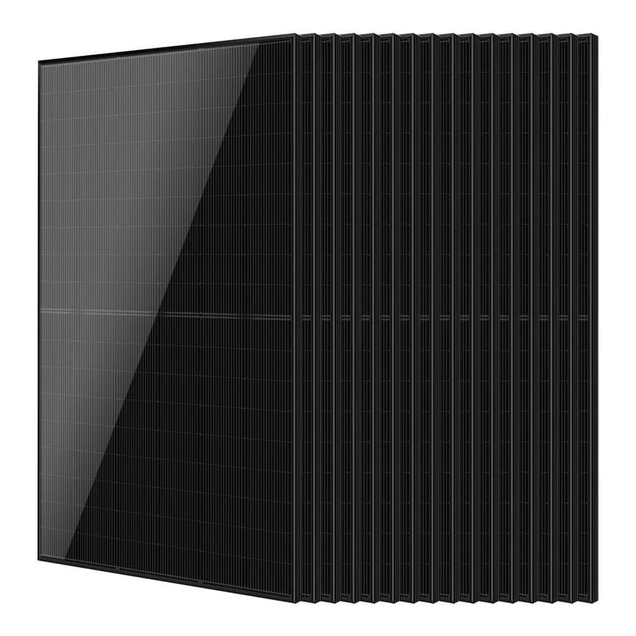 A stack of twelve black solar panels standing upright in a row, viewed at an angle to show their thin edges and reflective surfaces, almost resembling sleek rectangles styled with a subtle border radius and box shadow for a modern aesthetic.
