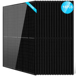 A stack of 16 black Sungold Power monocrystalline 370W panels stands upright. A blue badge reads “16PCS”—ideal for off-grid solar setups with high-efficiency PERC technology.