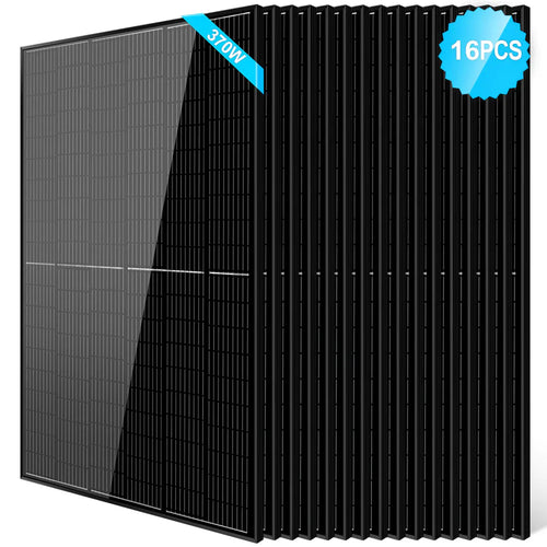 A stack of 16 black Sungold Power monocrystalline 370W panels stands upright. A blue badge reads “16PCS”—ideal for off-grid solar setups with high-efficiency PERC technology.