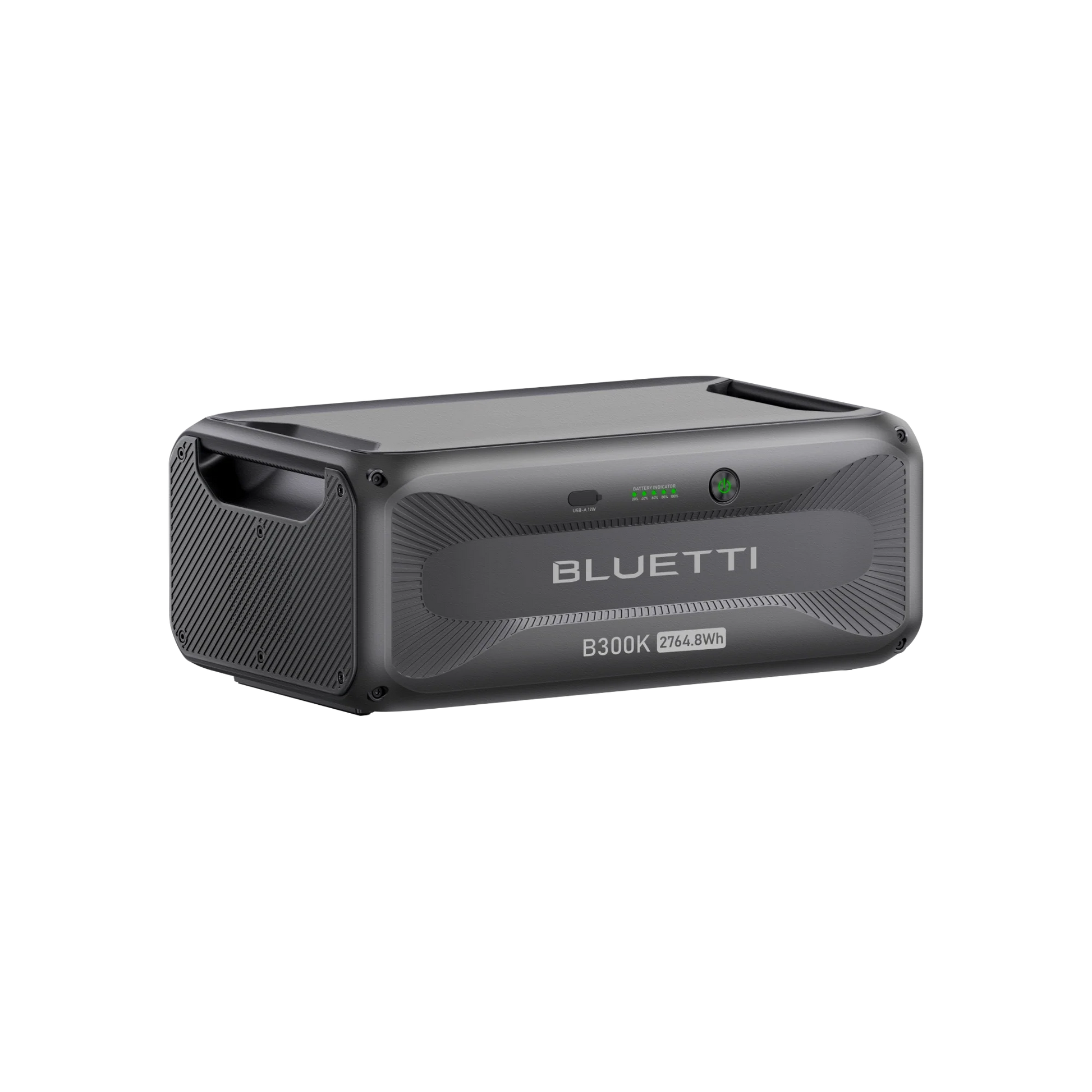 The Bluetti B300K is a portable energy solution featuring a black and gray modular design, handle, indicator lights, and 2764.8Wh capacity labeled on the front.