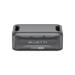 Front view of the Bluetti B300K portable power station in gray, featuring a modular design, Bluetti branding, and battery capacity lights—an innovative energy solution for diverse power needs.