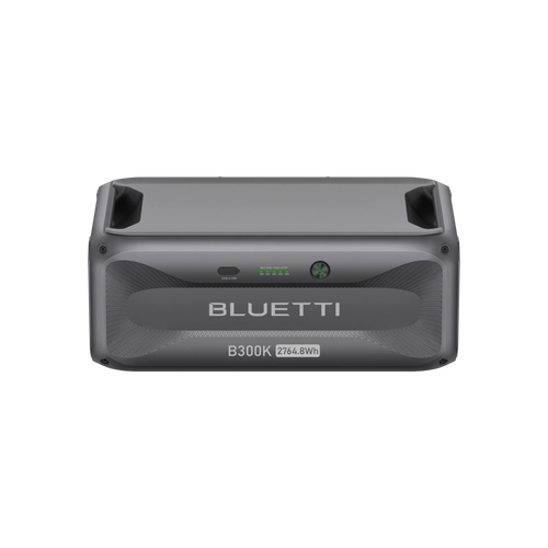Front view of the Bluetti B300K portable power station in gray, featuring a modular design, Bluetti branding, and battery capacity lights—an innovative energy solution for diverse power needs.